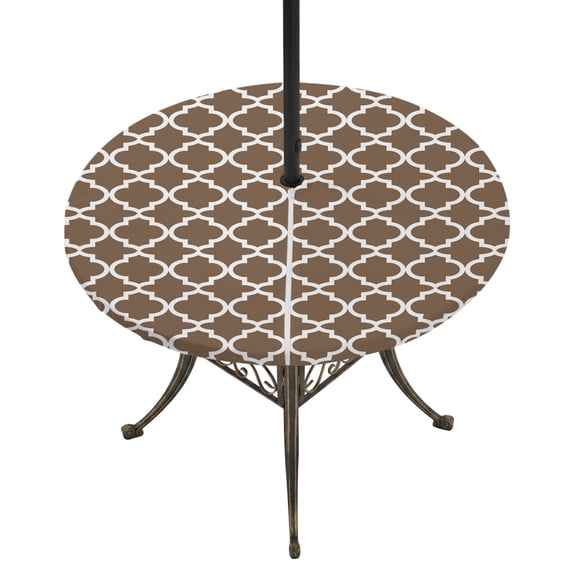 Round Outdoor Tablecloth with Umbrella Hole and Zipper, Brown Moroccon Tablecloth with Elastic Waterproof, Retro Country Minimalist Abstract Motifs Patio Table Covers for 36" - 44" Pool Tables