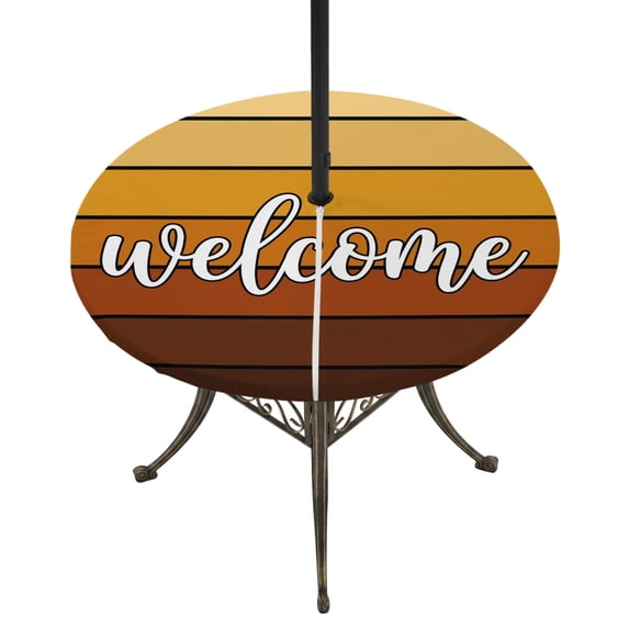 Round Outdoor Tablecloth with Umbrella Hole and Zipper, Brown Ombre Wooden Plank Tablecloth with Elastic Waterproof, Farmhouse Vintage Stripes Patio Table Covers for 55" - 60" Picnic Pool Tables