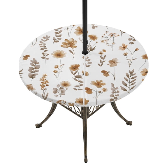 Round Outdoor Tablecloth with Umbrella Hole and Zipper, Brown Spring Floral Tablecloth with Elastic Waterproof, Flowers Leaves Elegant Pastoral Patio Table Covers for 55" - 60" Picnic Pool Tables