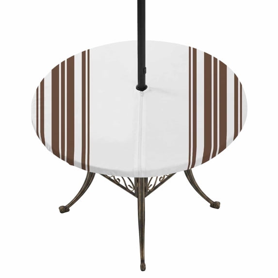 Round Outdoor Tablecloth with Umbrella Hole and Zipper, Brown Striped Fitted Table Cover with Elastic Edge for 31-35 Inch, Farmhouse Simple Line Vertical Stripes Waterproof Patio Tablecoths