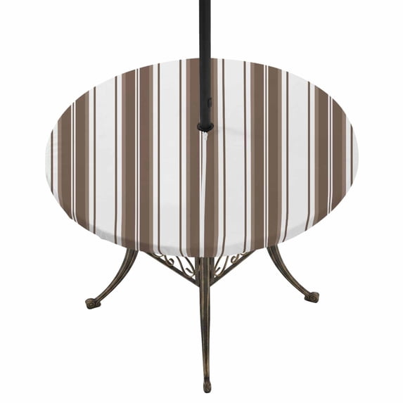 Round Outdoor Tablecloth with Umbrella Hole and Zipper, Brown Striped Tablecloth with Elastic Waterproof, Modern Thin Line Vertical Stripes Patio Table Covers for 55" - 60" Picnic Pool Tables
