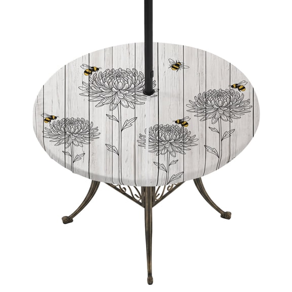 Round Outdoor Tablecloth with Umbrella Hole and Zipper, Bumble Bee Flowers Tablecloth with Elastic Waterproof, Farmhouse Animals Flowers Wooden Grain Patio Table Covers for 36" - 44" Pool Tables