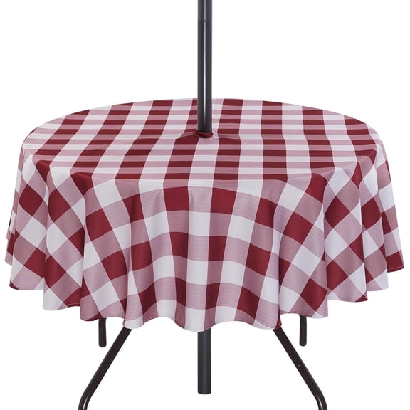 Round Outdoor Tablecloth with Umbrella Hole and Zipper,Burgundy Gingham 60 Inch,SpillProof Washable Table Cloth for Spring Summer Patio Garden Poolside Picnic Camping BBQS
