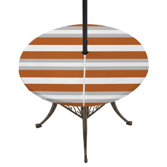 Round Outdoor Tablecloth with Umbrella Hole and Zipper, Burnt Orange Grey Stripe Tablecloth with Elastic Waterproof, Minimalist Farmhouse Striped Patio Table Covers for 36" - 44" Picnic Pool Tables