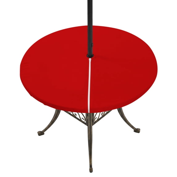 Round Outdoor Tablecloth with Umbrella Hole and Zipper, Christmas Red Fitted Table Cover with Elastic Edge for 45-54 Inch, Modern Simple Xmas Red Backdrop Waterproof Patio Tablecoths for Picnic