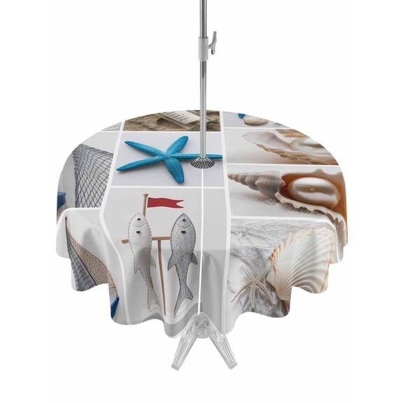 Round Outdoor Tablecloth With Umbrella Hole And Zipper– Coastal Beach Themed Waterproof Patio Table Cover for Party, Picnic, Backyard, 60" Dia. , Summer Ocean Starfish Shell Boat