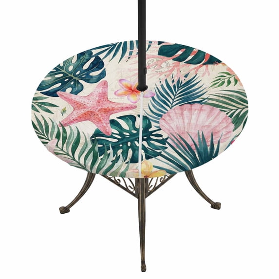 Round Outdoor Tablecloth with Umbrella Hole and Zipper, Coastal Botanical Tablecloth with Elastic Waterproof, Palm Leaves Beach Starfish Shell Summer Patio Table Covers for 55" - 60" Pool Tables