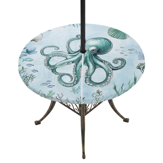 Round Outdoor Tablecloth with Umbrella Hole and Zipper, Coastal Octopus Tablecloth with Elastic Waterproof, Cyan Nautical Fish Shells Seaweeds Patio Table Covers for 45" - 54" Picnic Pool Tables