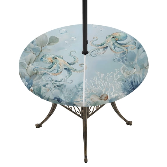 Round Outdoor Tablecloth with Umbrella Hole and Zipper, Coastal Octopus Tablecloth with Elastic Waterproof, Farmhouse Eucalyptus Leaf Marine Lifes Patio Table Covers for 36" - 44" Picnic Pool Tables