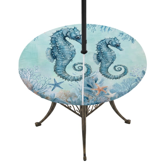 Round Outdoor Tablecloth with Umbrella Hole and Zipper, Coastal Seahorse Blue Tablecloth with Elastic Waterproof, Summer Beach Nautical Coral Starfish Patio Table Covers for 36" - 44" Pool Tables