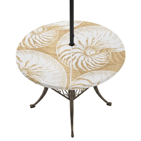 Round Outdoor Tablecloth with Umbrella Hole and Zipper, Coastal Shell Beige Tablecloth with Elastic Waterproof, Ocean Shell Beach Summer Patio Table Covers for 31" - 35" Picnic Pool Tables