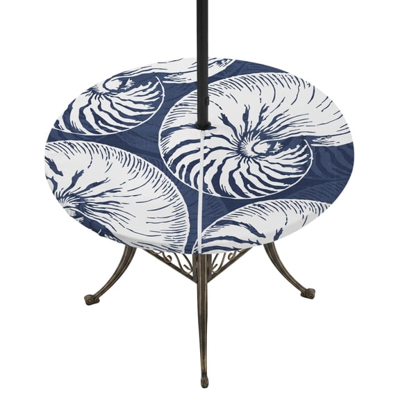Round Outdoor Tablecloth with Umbrella Hole and Zipper, Coastal Shell Navy Blue Tablecloth with Elastic Waterproof, Summer Ocean Shell Beach Patio Table Covers for 36" - 44" Picnic Pool Tables
