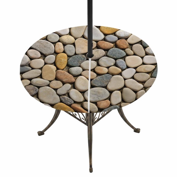 Round Outdoor Tablecloth with Umbrella Hole and Zipper, Cobblestones Tablecloth with Elastic Waterproof, Gravel Rock Natural Stones Pattern Art Patio Table Covers for 31" - 35" Picnic Pool Tables