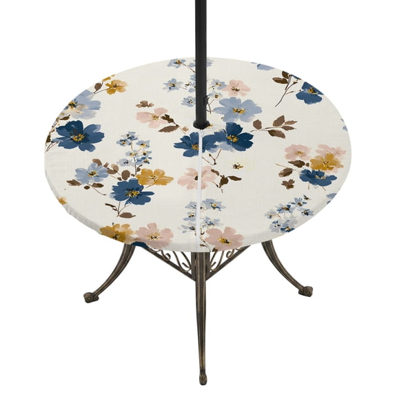 Round Outdoor Tablecloth with Umbrella Hole and Zipper, Country Flowers Tablecloth with Elastic Waterproof, Blue Farmhouse Plants Wildflowers Retro Patio Table Covers for 36" - 44" Pool Tables