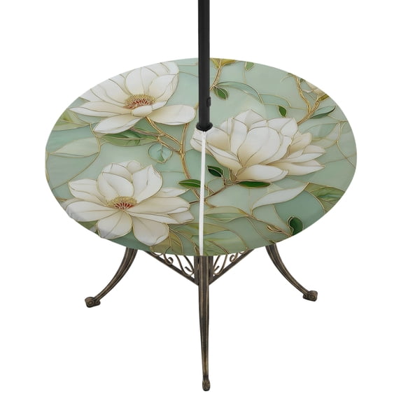 Round Outdoor Tablecloth with Umbrella Hole and Zipper, Country Flowers Tablecloth with Elastic Waterproof, Green Magnolia Flowers Rustic Botanical Patio Table Covers for 55" - 60" Pool Tables