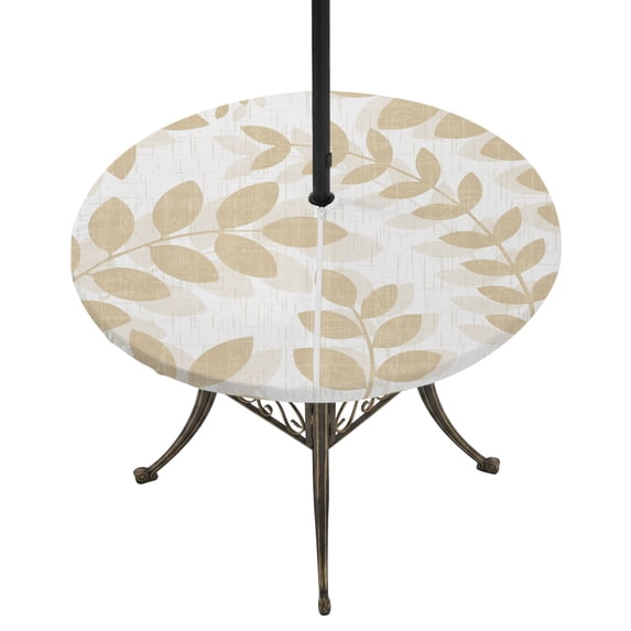 Round Outdoor Tablecloth with Umbrella Hole and Zipper, Cream Leaves Tablecloth with Elastic Waterproof, Summer Farmhouse Botanical Leaf Boho Branch Patio Table Covers for 36" - 44" Pool Tables