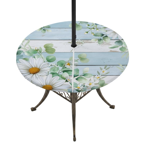 Round Outdoor Tablecloth with Umbrella Hole and Zipper, Daisy Spring Floral Tablecloth with Elastic Waterproof, Eucalyptus Leaves Watercolor Wooden Patio Table Covers for 31" - 35" Pool Tables