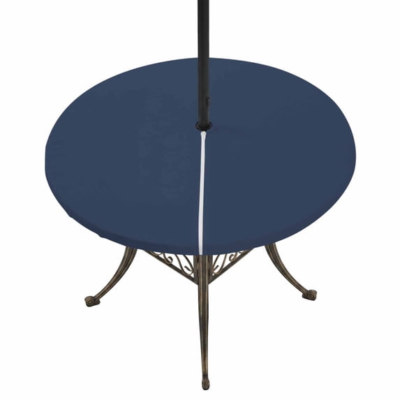 Round Outdoor Tablecloth with Umbrella Hole and Zipper, Dark Blue Tablecloth with Elastic Waterproof, Modern Farmhouse Solid Color Patio Table Covers for 55" - 60" Picnic Pool Tables