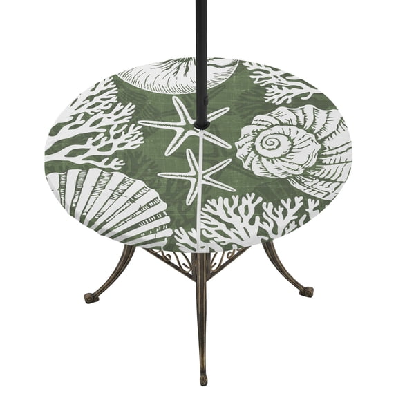 Round Outdoor Tablecloth with Umbrella Hole and Zipper, Dark Green Coastal Tablecloth with Elastic Waterproof, Conch Nautical Summer Starfish Shell Coral Patio Table Covers for 55" - 60" Pool Tables