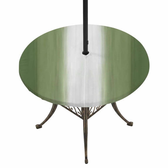 Round Outdoor Tablecloth with Umbrella Hole and Zipper, Dark Green Striped Fitted Table Cover with Elastic Edge for 55-60 Inch, Green White Ombre Farmhouse Gradient Waterproof Patio Tablecoths