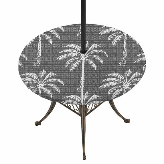 Round Outdoor Tablecloth with Umbrella Hole and Zipper, Dark Grey Palm Tree Tablecloth with Elastic Waterproof, Summer Botanical Tropical Tree Patio Table Covers for 31" - 35" Picnic Pool Tables