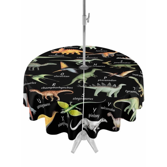 Round Outdoor Tablecloth with Umbrella Hole and Zipper, Dinosaur Family Tablecloths Waterproof Table Cover Retro Hand-drawn Dinosaur Names Letters Black Table Cloth for Patio Picnic Camping, 54 Inch