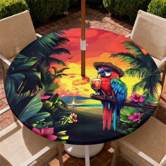Round Outdoor Tablecloth with Umbrella Hole and Zipper, Elastic Fitted Waterproof Patio Tablecover for Garden Patio Backyard Picnic BBQ, Sizes Available to Fit 36"-65" Diameter Round Tables