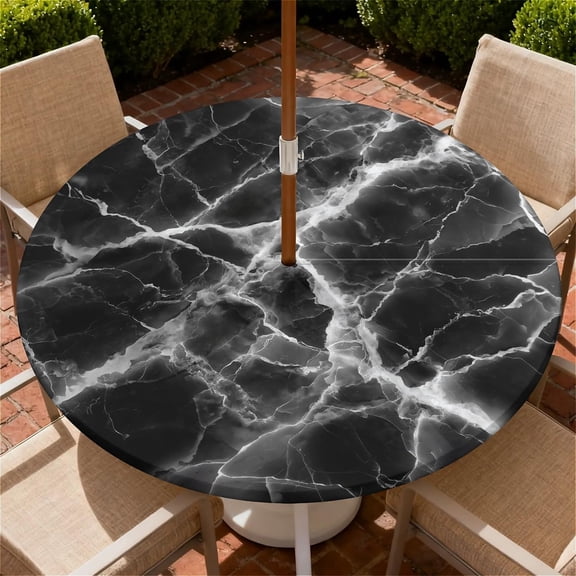 Round Outdoor Tablecloth with Umbrella Hole and Zipper, Elastic Fitted Waterproof Patio Tablecover for Garden Patio Backyard Picnic BBQ, Fits 36-65" Round Table