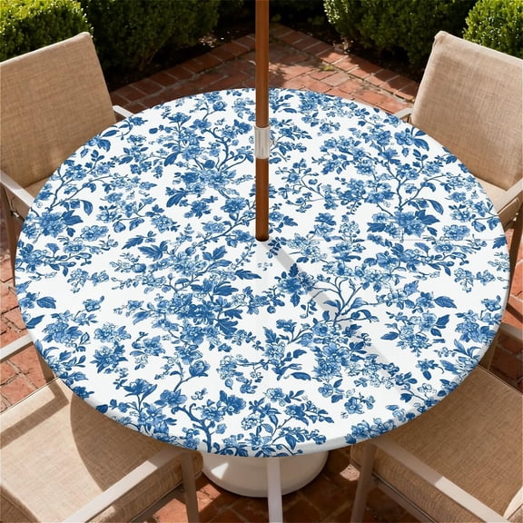 Round Outdoor Tablecloth with Umbrella Hole and Zipper, Elastic Fitted Waterproof Patio Tablecover for Garden Patio Backyard Picnic BBQ, Fits 36-65" Round Table