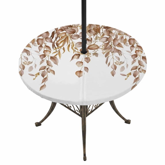 Round Outdoor Tablecloth with Umbrella Hole and Zipper, Eucalyptus Leaves Tablecloth with Elastic Waterproof, Brown Summer Botanical Weeping Patio Table Covers for 36" - 44" Picnic Pool Tables