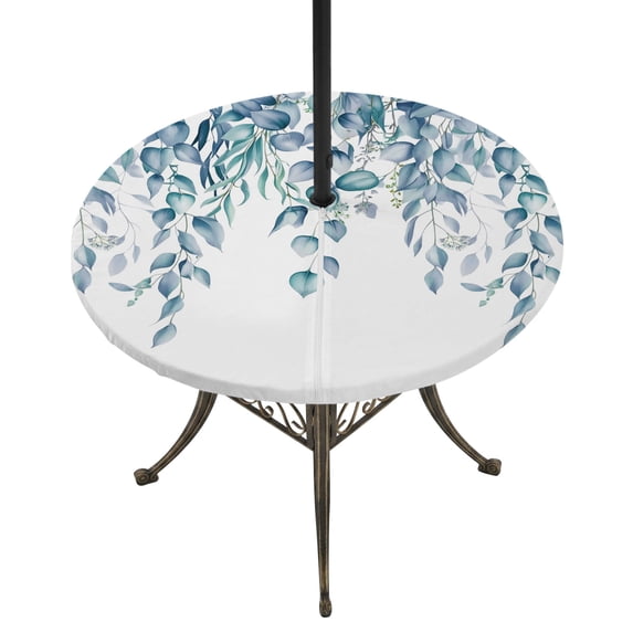 Round Outdoor Tablecloth with Umbrella Hole and Zipper, Eucalyptus Leaves Tablecloth with Elastic Waterproof, Light Blue Summer Botanical Weeping Patio Table Covers for 55" - 60" Picnic Pool Tables