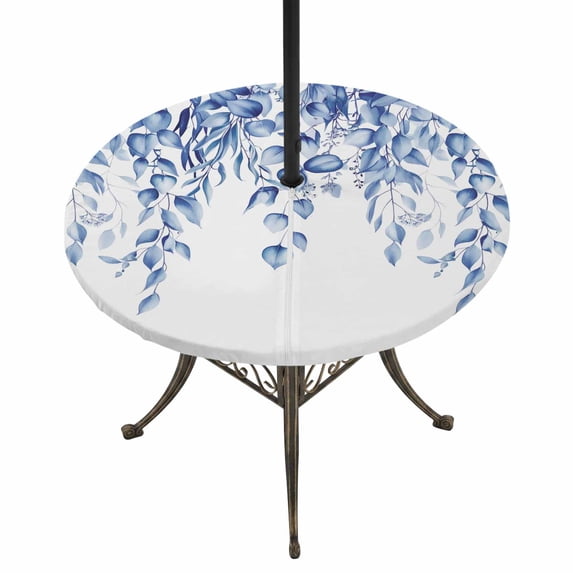 Round Outdoor Tablecloth with Umbrella Hole and Zipper, Eucalyptus Leaves Tablecloth with Elastic Waterproof, Navy Blue Summer Botanical Weeping Patio Table Covers for 36" - 44" Picnic Pool Tables