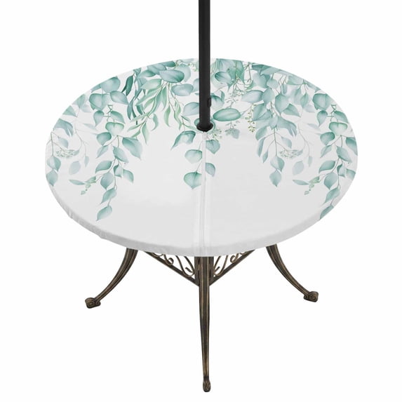 Round Outdoor Tablecloth with Umbrella Hole and Zipper, Eucalyptus Leaves Tablecloth with Elastic Waterproof, Turquoise Summer Botanical Weeping Patio Table Covers for 45" - 54" Picnic Pool Tables