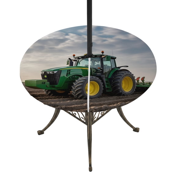 Round Outdoor Tablecloth with Umbrella Hole and Zipper, Farm Tractor Tablecloth with Elastic Waterproof, Green Truck Country Rustic Field Harvester Patio Table Covers for 55" - 60" Pool Tables