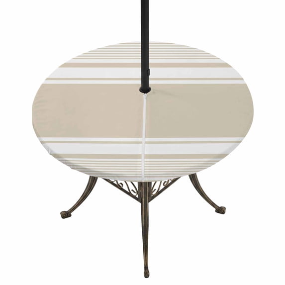 Round Outdoor Tablecloth with Umbrella Hole and Zipper, Farmhouse Cream Striped Tablecloth with Elastic Waterproof, Modern Minimalist Stripes Patio Table Covers for 31" - 35" Picnic Pool Tables