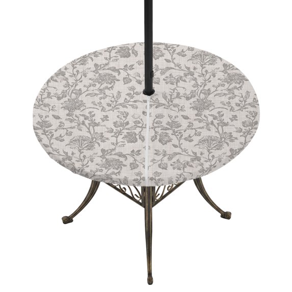 Round Outdoor Tablecloth with Umbrella Hole and Zipper, Farmhouse Flower Tablecloth with Elastic Waterproof, Botanical Vintage Grey Leaf Plant Patio Table Covers for 36" - 44" Picnic Pool Tables