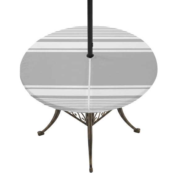Round Outdoor Tablecloth with Umbrella Hole and Zipper, Farmhouse Grey Tablecloth with Elastic Waterproof, Farmhouse Gray Line Striped Patio Table Covers for 31" - 35" Picnic Pool Tables