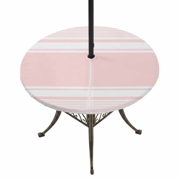 Round Outdoor Tablecloth with Umbrella Hole and Zipper, Farmhouse Pink Tablecloth with Elastic Waterproof, Farmhouse Pink Line Striped Patio Table Covers for 45" - 54" Picnic Pool Tables