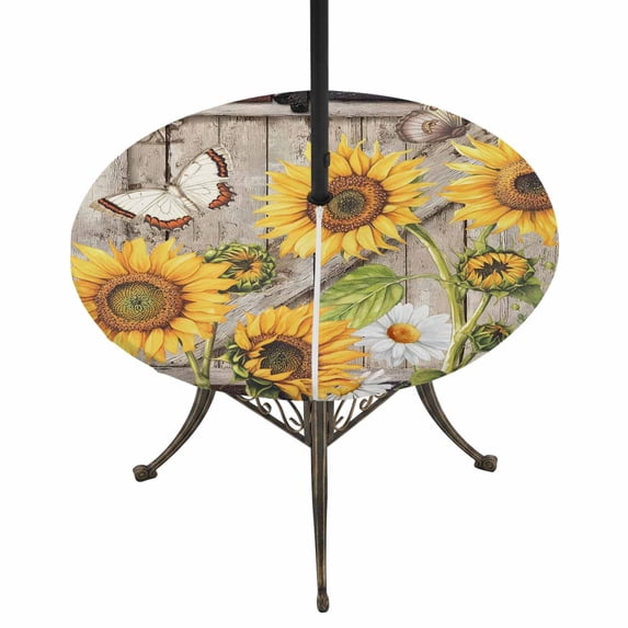 Round Outdoor Tablecloth with Umbrella Hole and Zipper, Farmhouse Sunflowers Tablecloth with Elastic Waterproof, Rustic Barn Doors Flowers Butterfly Wooden Patio Table Covers for 55" - 60" Tables