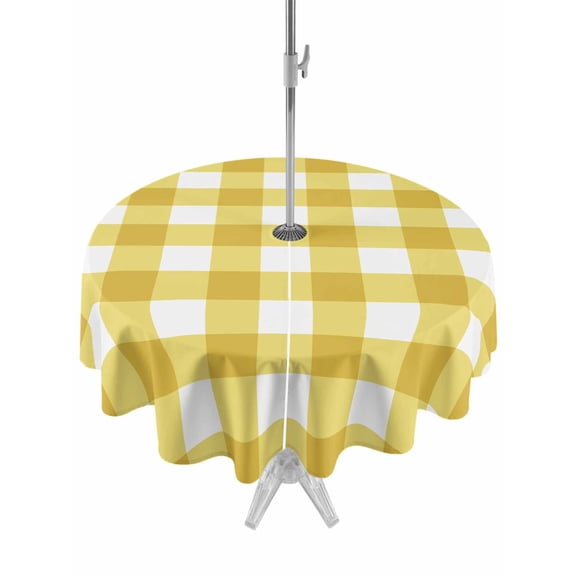 Round Outdoor Tablecloth With Umbrella Hole And Zipper– Farmhouse Vintage Waterproof Patio Table Cover for Party, Picnic, Backyard, 60" Dia. , Gingham Checkered Texture Yellow White