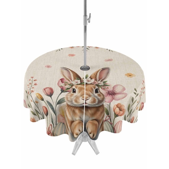 Round Outdoor Tablecloth With Umbrella Hole And Zipper– Floral Rabbits Easter Waterproof Patio Table Cover for Party, Picnic, Backyard, 60" Dia. , Vintage Spring Pink Roses Flowers Eggs