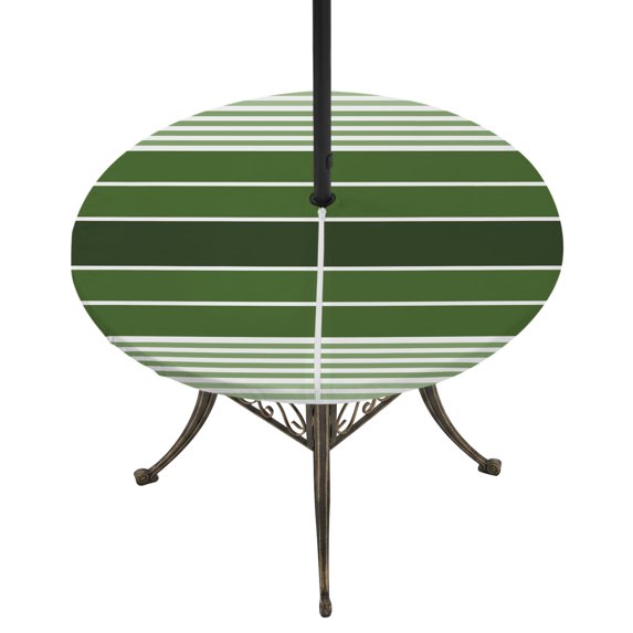 Round Outdoor Tablecloth with Umbrella Hole and Zipper, Forest Green Ombre Stripe Tablecloth with Elastic Waterproof, Farmhouse Striped Gradient Patio Table Covers for 36" - 44" Picnic Pool Tables