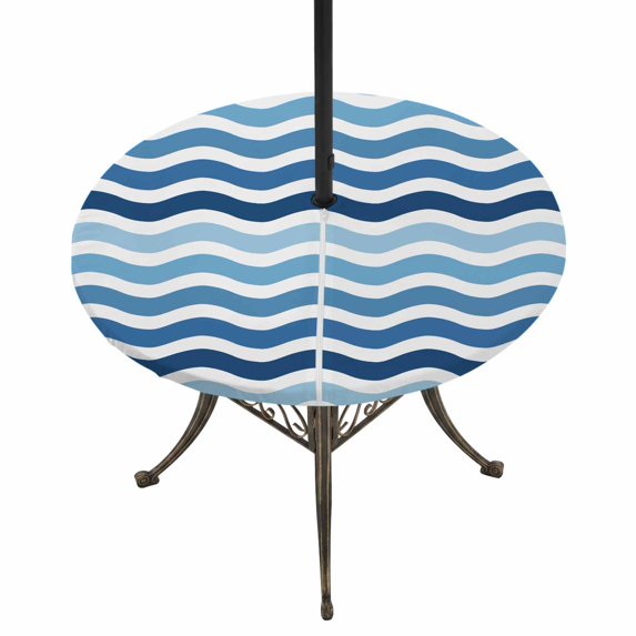 Round Outdoor Tablecloth with Umbrella Hole and Zipper, Geometric Blue Ombre Tablecloth with Elastic Waterproof, Modern Gradient White Ocean Striped Patio Table Covers for 55" - 60" Pool Tables