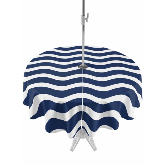 Round Outdoor Tablecloth With Umbrella Hole And Zipper– Geometric Nautical Striped Pattern Waterproof Patio Table Cover for Party, Picnic, Backyard, 50" Dia. , Navy Blue White Wave Pattern