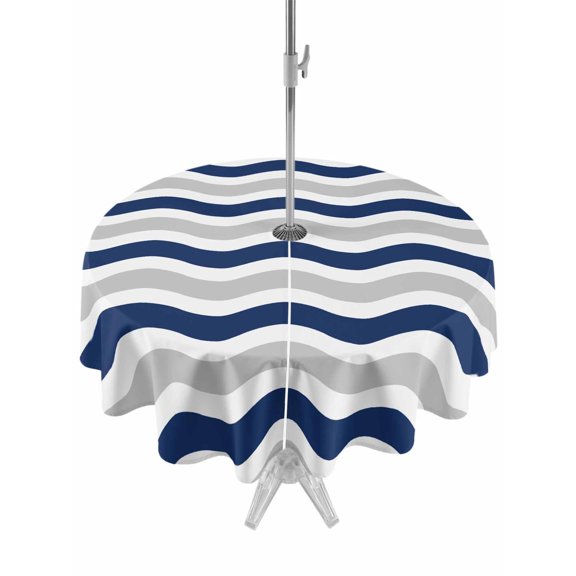 Round Outdoor Tablecloth With Umbrella Hole And Zipper– Geometric Striped Pattern Waterproof Patio Table Cover for Party, Picnic, Backyard, 50" Dia. , Navy Grey White Wave Pattern