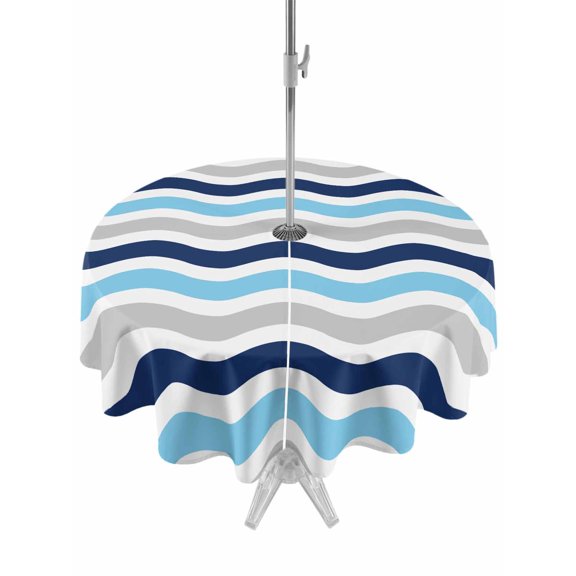 Round Outdoor Tablecloth With Umbrella Hole And Zipper– Geometric Striped Pattern Waterproof Patio Table Cover for Party, Picnic, Backyard, 60" Dia. , Navy Blue Grey White Wave Pattern