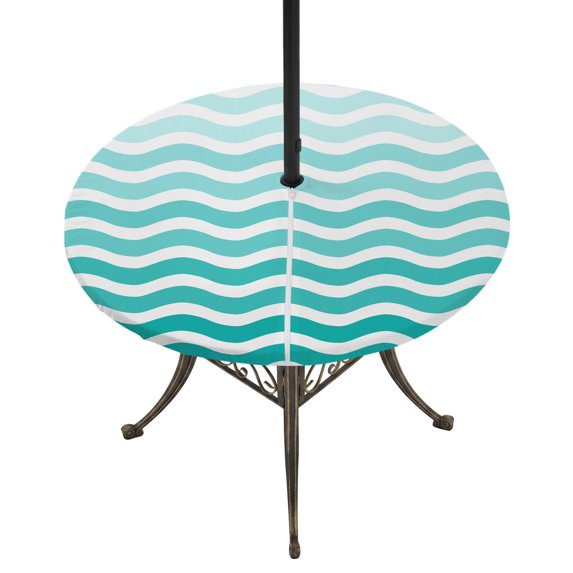 Round Outdoor Tablecloth with Umbrella Hole and Zipper, Geometric Turquoise Ombre Tablecloth with Elastic Waterproof, Modern Gradient White Ocean Striped Patio Table Covers for 31" - 35" Pool Tables