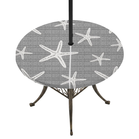 Round Outdoor Tablecloth with Umbrella Hole and Zipper, Gery Starfish Coastal Tablecloth with Elastic Waterproof, Summer Beach Nautical Sea Ocean Patio Table Covers for 55" - 60" Picnic Pool Tables