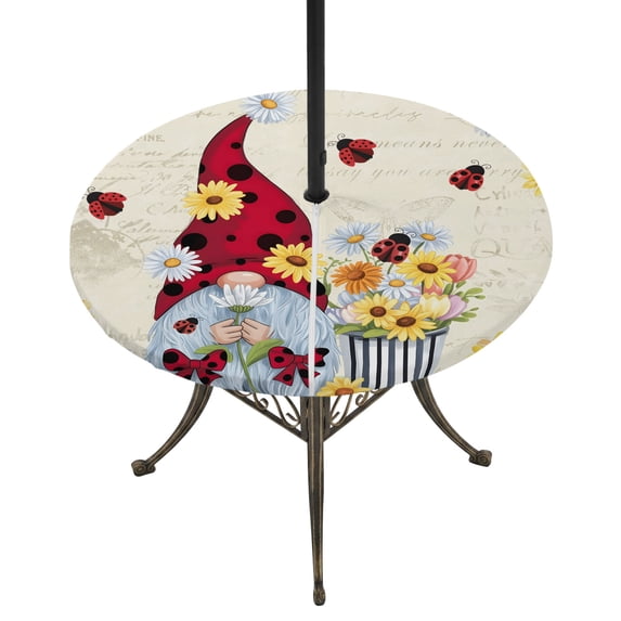 Round Outdoor Tablecloth with Umbrella Hole and Zipper, Gnomes Tablecloth with Elastic Waterproof, White Yellow Daisy Floral Country Garden Floral Patio Table Covers for 55" - 60" Picnic Pool Tables