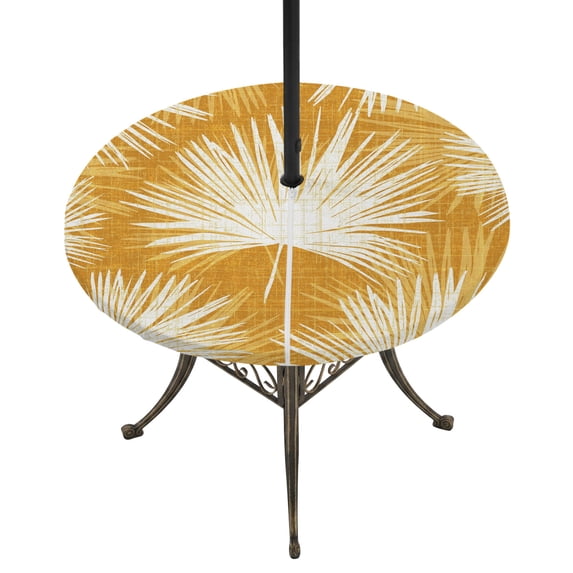 Round Outdoor Tablecloth with Umbrella Hole and Zipper, Golden Yellow Palm Leaves Tablecloth with Elastic Waterproof, Summer Tropical Botanical Patio Table Covers for 45" - 54" Picnic Pool Tables